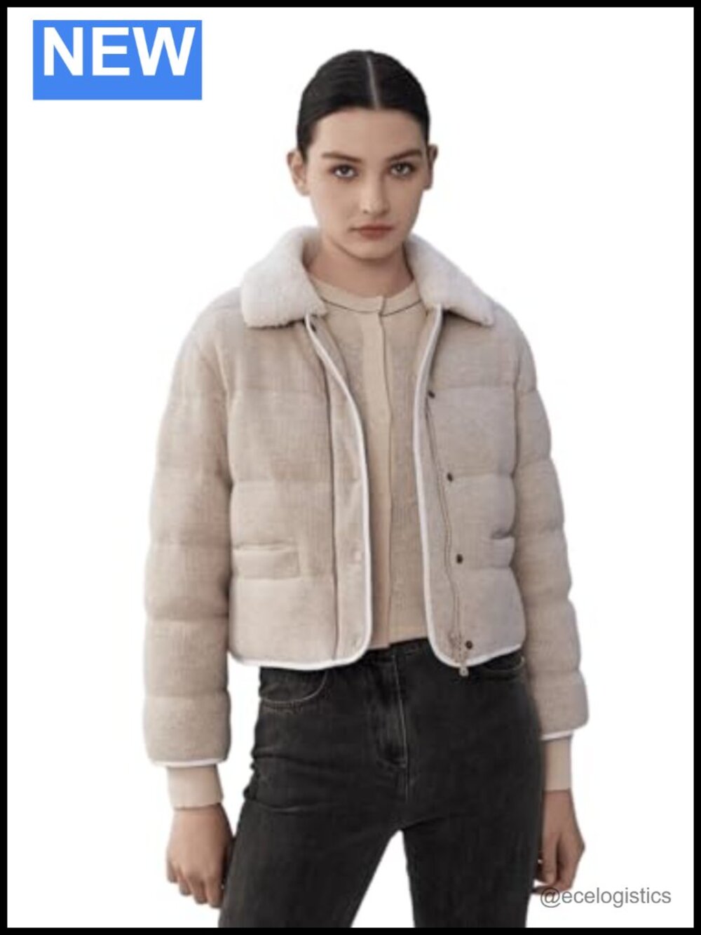 Wool-Blend Cropped Puffer Jacket White Duck Down Faux Fur Collar